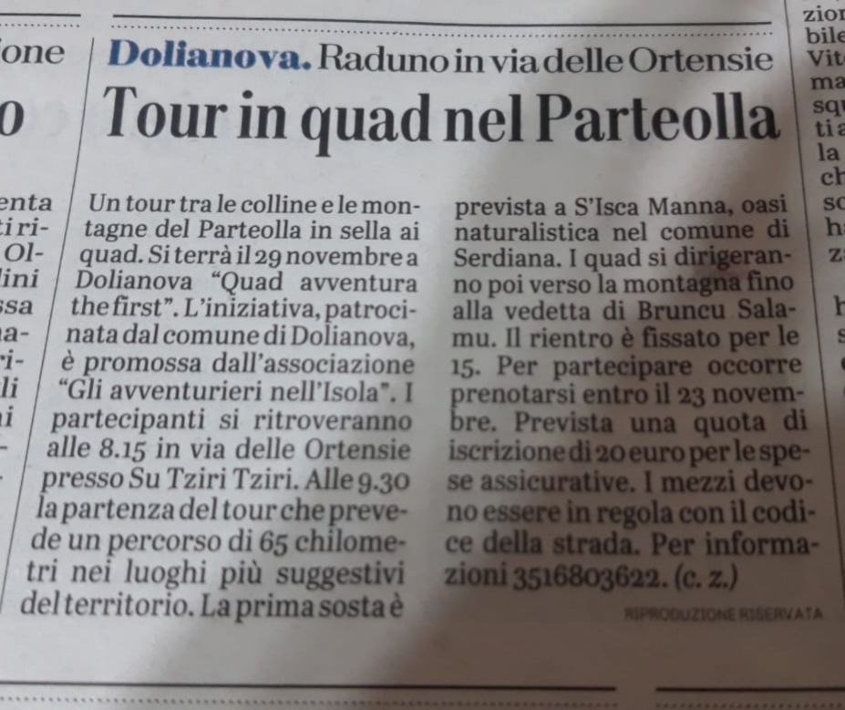 Articolo de L'Unione Sarda: Tour in quad nel Parteolla
